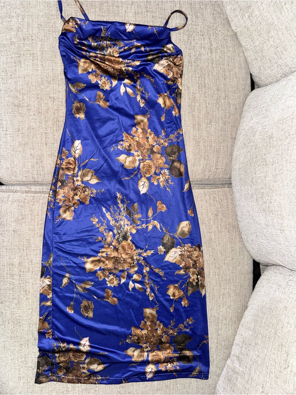 SHEIN Blue Floral Satin Slip Dress with Gold-Brown Accents